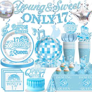 Xynic 182Pcs Dancing Queen Party Decorations 17, Dancing Queen Tableware Set with Plates and Napkins Serves 25, 2 Tablecloths, Pre-strung Banner, and Cake Toppers for 17 Birthday Decorations for Girls