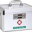 Jssmst Medication Lock Box with Key, Medicine Lock Box for Medication Storage, First Aid Box Locked Medicine Case, Key Safe Locking Box for Drugs Use, 12 x 7.4 x 8.1 inches, Silver
