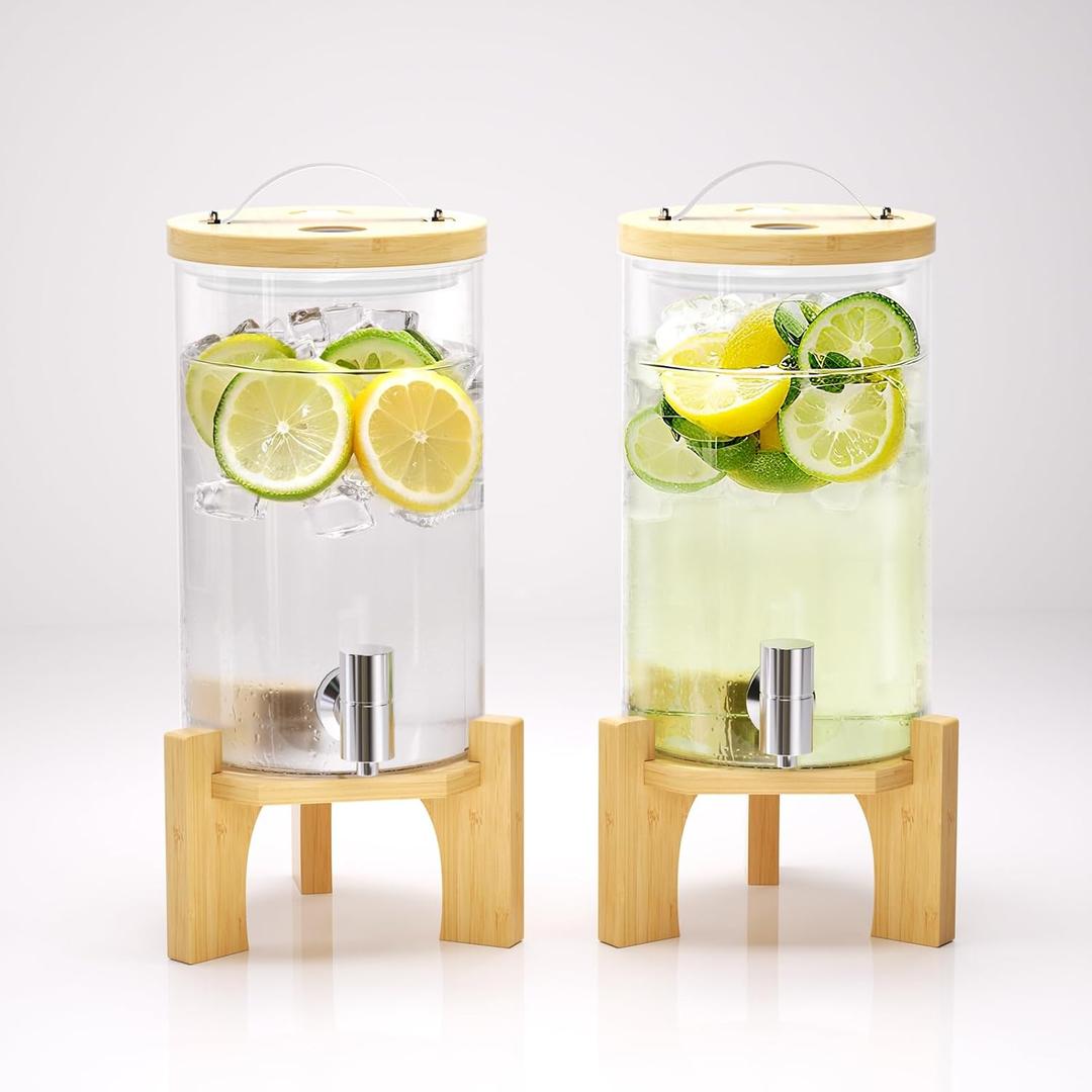VOVUVK 1.2 Gallon Glass Drink Dispenser For Parties, Beverage Dispenser With Bamboo Wood Stand And Stainless Steel Spigot, Countertop Water Dispenser, Lemonade Dispenser For Wedding, Picnic (2PACK)