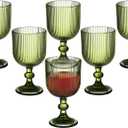 Vintage Wine Glasses Set of 6, 11 Ounces Colored Glass Water Goblets, Unique Embossed Pattern High Clear Stemmed Glassware Wedding Party Bar Glass Drinking Cups Fancy Glasses Vertical Line Grey (Green)
