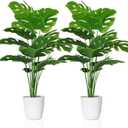 SAJANDAS Set of 2 Artificial Monstera Deliciosa Plants in Pots, Fake Tropical Palm Tree with Greenery Leaves Stems, 28 Inch Artificial Cheese Plant for Home Bathroom, Office, Windowsill Decor