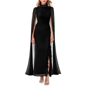 Lrady Women's Wedding Guest Dress Evening Gowns High Neck Formal Cocktail Party Maxi Bodycon Dresses with Cape Sleeve M