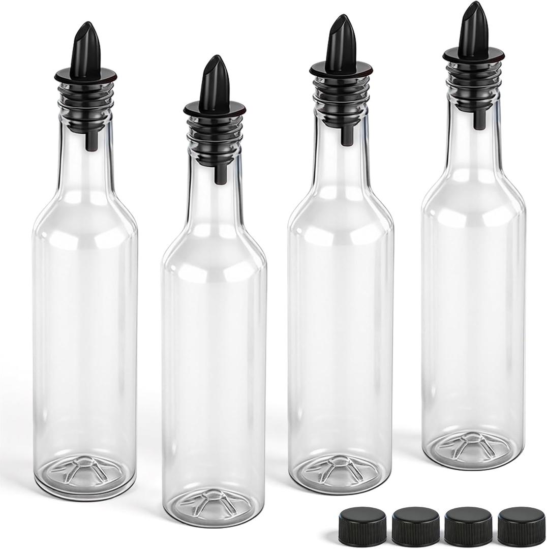 Tioncy 4 Sets 10 oz Plastic Liquor Bottles with Pourers Sets 4 Plastic Long Neck Syrup Bottles with Pourer and Caps Reusable Leakproof for Home Party Bar(Black)