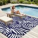 Smiry Outdoor Rug 8x10 ft, Waterproof Reversible Plastic Straw Rugs, Outdoor Area Rug with Leaf Pattern, Outside Floor Mat for Patio, Backyard, Deck, Picnic, Beach, Camping, Navy & White