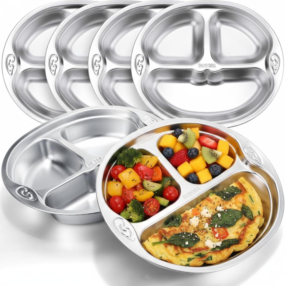 Tioncy 6 Pcs Stainless Steel Kids Plates 3 Sections Divided Unbreakable Dinner Plates Cute Monkey Shape bowls for Babies, Toddlers and Kids Lunch, Portion Control, Camping