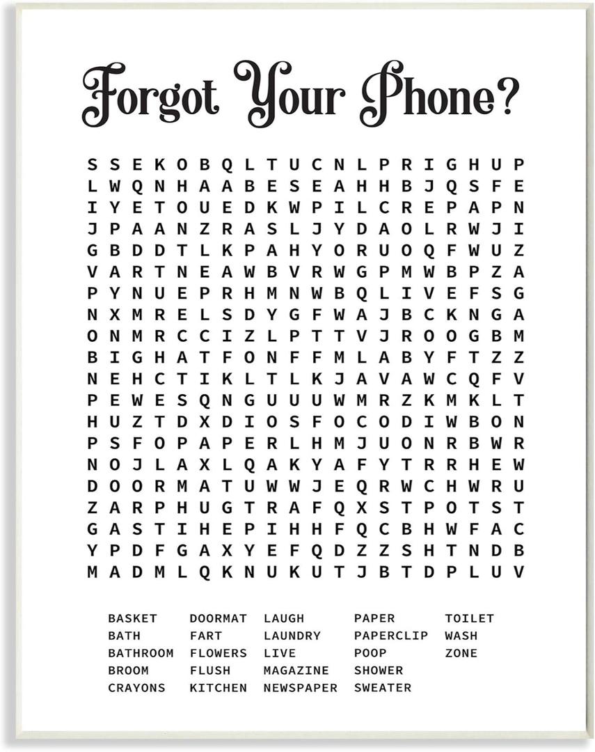 Stupell Industries Phone Crossword Puzzle Bathroom Word Design Wall Plaque Art, 10 x 15, Multi-Color,Wood Plaque,wrp-1390_wd_10x15