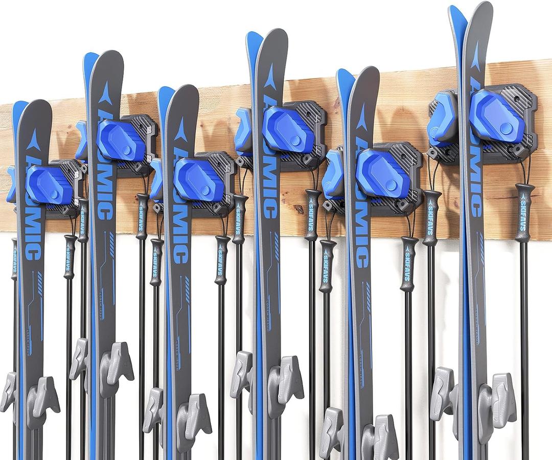 Ski & Snowboard Wall Rack for Garage Wall Fits Any Ski/board, Ski Wall Mount Holders Damage-Free Storage Rack, Garage Organization Space-Saving Winter Gear Organizer, Blue, 6 Pack