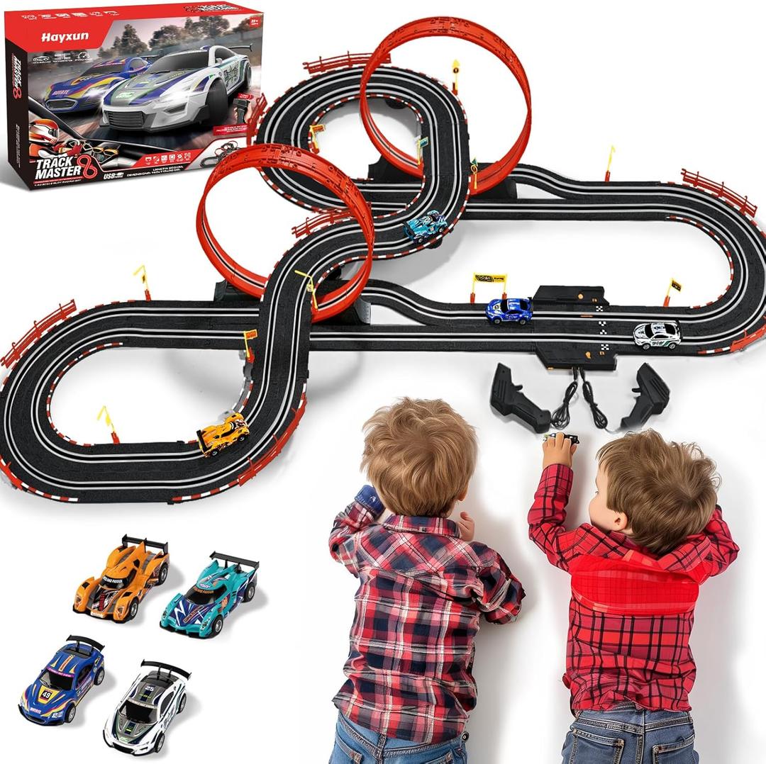 30 FT Slot Car Race Tracks Sets Toys for Ages 8-10 -1:43 Dual Race Car Track with 4 Slot Cars, 2 Hand Controllers, Christmas, Birthday Gift Toys for Ages 8-13