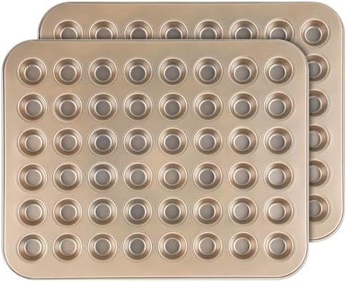 Tioncy 2 Pcs 48 Cup Mini Muffin Pan 15.94 x 12.6 x 0.79 Inches Nonstick Small Cupcake Pan Steel Mini Muffin Tin for Baking Cheesecake Tailgate Party supplies, Dishwasher Safe (Gold)