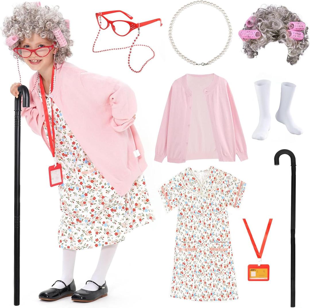 FAYBOX 9 pcs Old Lady Costume for Kids,100 Days of School Costume Old Lady Wig for Girls, Granny Grandma Dress Up (5-7 yr, Pink)