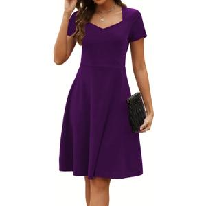 Women's Elegant Vintage Summer Sweetheart Neck Short Sleeve Casual Work Party Business A-Line Dress 163 (Medium, Purple)