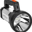 Super Bright Handheld LED Flashlight, USB Rechargeable Powerful Searchlight with 6 Light Modes, Waterproof Tactical Torch, Portable Lantern with Side Floodlight for Camping, Hunting, Emergency (Silver-Yellow Light)