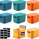 Tanlade 8 Pcs Plastic Storage Bins Stackable Baskets with Lid and Handle Colorful Desktop Storage Box Cubby Containers for Shelf Bedroom Office, Include 1 Erasable Marker, 16 Stickers (10 x 7 x 6 In)