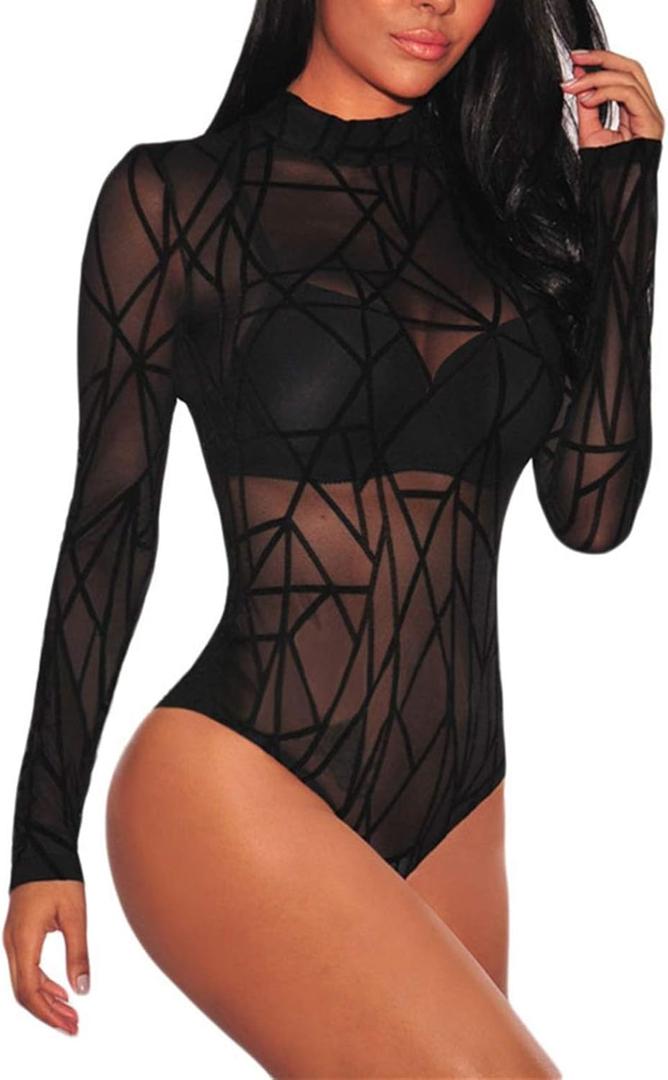 JomeDesign Women Black Sheer Mesh Long Sleeve Jumpsuit Bodysuits Clubwear (X-Large)