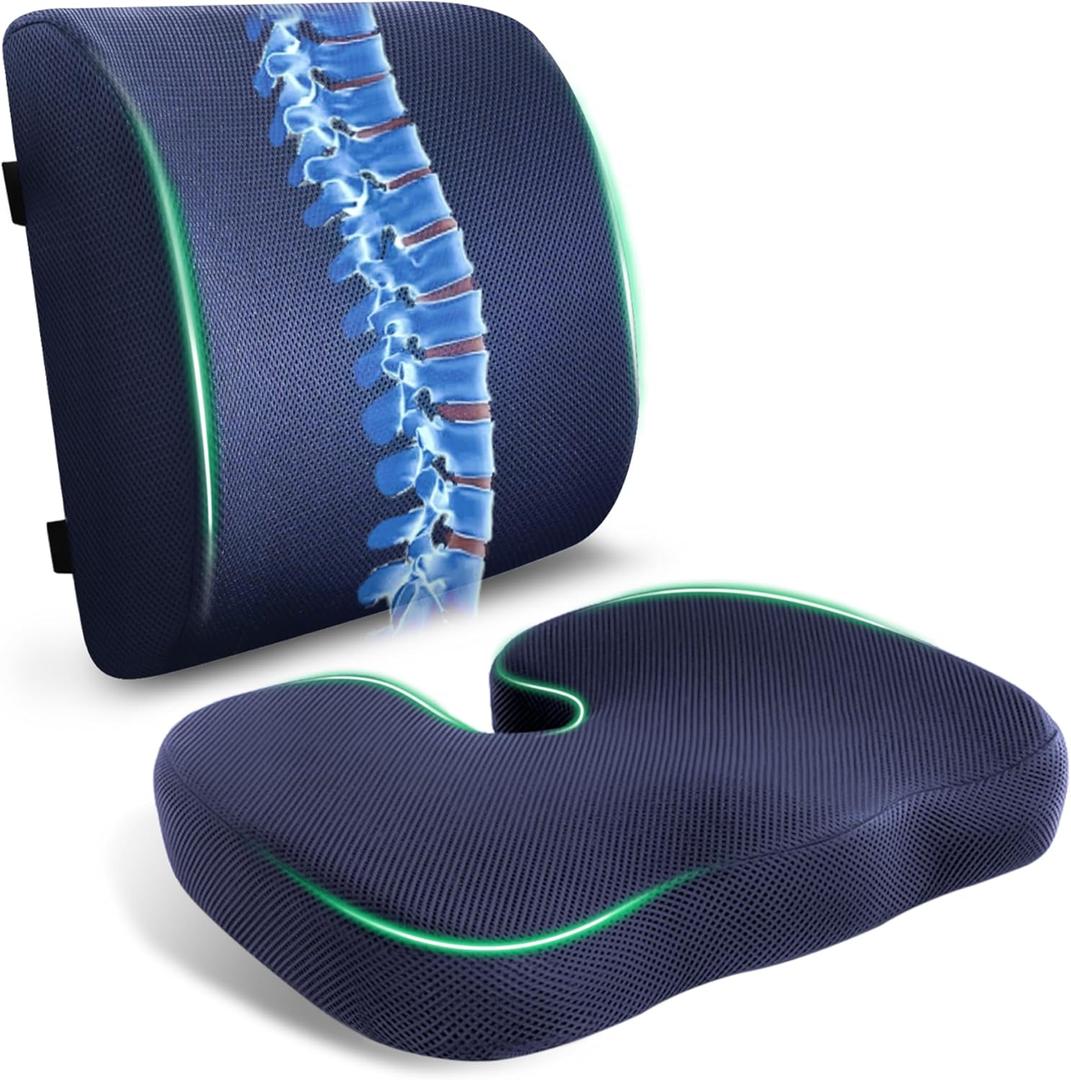 Charcoal Memory Foam Seat Cushion & Adjustable Lumbar Pillow Set - Back Support for Pain Relief (Sciatica,Tailbone),Washable & Non-Slip,Multipurpose for Office,Car,Wheelchair - Navy Blue