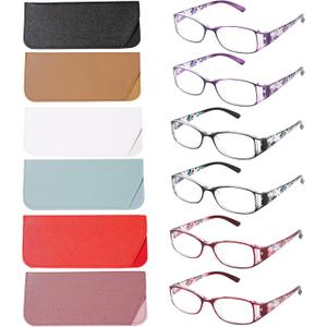 6 pairs Reading Glasses, Women Fashion and elegant anti-blue light HD resin old Reading Glasses (2 Red 2 Black 2 Purple)