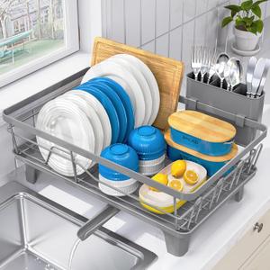 Urackify Dish Drying Rack for Kitchen Counter, Sink Dish Rack with Drainboard 12.2" W x 16.5" L, Large Dish Drainer with Cutlery Holder, Home Countertop Plate Dryer Storage Rack, Gray