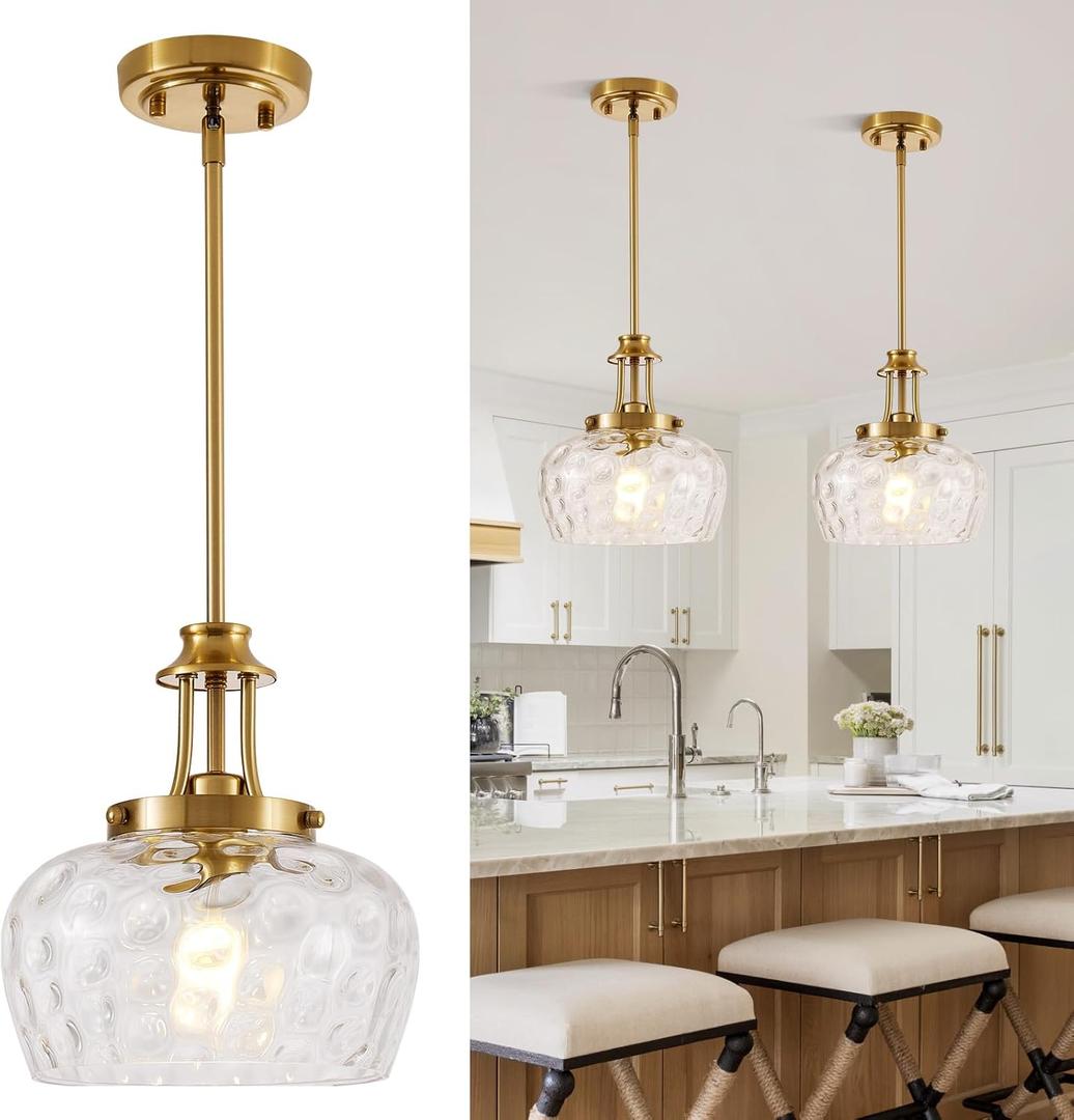 Modern Pendant Lights Kitchen Island, Brushed Gold Pendant Light Fixtures with 10" Clear Hammered Glass Shade, Industrial Hanging Pendant Lights Fixture for Kitchen Island Dining Room Bedroom Entryway