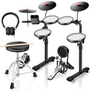 HAMPBACK MK-0 PRO Electric Drum Set with 7'' Mesh Drum Pads, 8'' Full Rubber Cymbals, 5'' Bass Drum, 12 Kits and 68 Authentic Sounds, USB MIDI, Throne, Sticks, Headphone, Suitable for Beginners & Kids