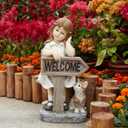 Girl Garden Statue with Solar LED Lights, Solar Girl Welcome Sign with Cat Garden Statue for Outdoor Decor, Porch, Patio, Yard Art Decorations, Polyresin 17.3 inch, 17.3 x 8.9 x 7.1 inches