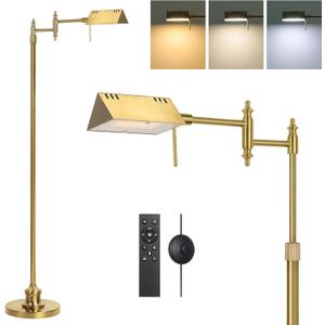 Dimmable Pharmacy Floor Lamp with Remote, 15W Gold LED Reading Floor Lamp with 360Swing Arm, 3 Color Temperature, Height Adjustable Standing Task Lamp for Living Room, Bedroom, Office, Antique Brass
