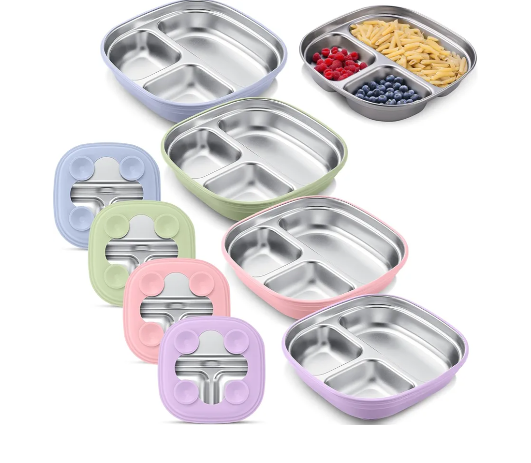 Square Stainless Steel Toddler Plates with Suction – 7.68” Divided Plates with Removable BPA-Free Silicone Sleeves, Unbreakable Baby Feeding Dishes Set of 4