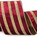 Ribbli Burgundy Velvet Wired Ribbon with Gold Sparkling Stripe 4 Inch Christmas Ribbon for Tree Gift Wrapping Wreaths Garland Topper Bows Crafts Home Decor -10 Yards