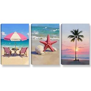 3 Pcs Hawaii Beach Wall Art Decor, Summer Seaside Shells Canvas Painting Posters Prints, Coconut Tree Pictures for Living Room Bedroom Home Decoration 16 * 24 IN(Stretched Canvas on A Wooden Frame)