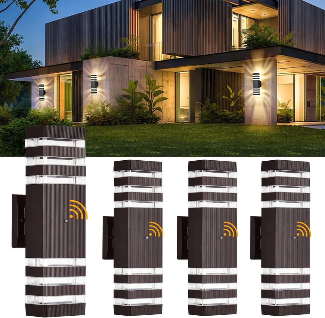 DASTOR 4 Pack Dusk to Dawn Outdoor Light Fixture, Modern Wall Lights Brown Exterior Sconce, 3000K Up and Down Porch Lights for House Garage Patio