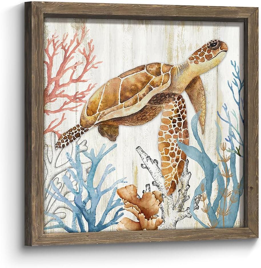Sea Turtle Framed Wall Art: Wooden Coastal Theme Ocean Life Picture Artwork Seabed Sealife Coral Painting Print Decor Rustic Bathroom Bedroom Living Room Kitchen Decoration