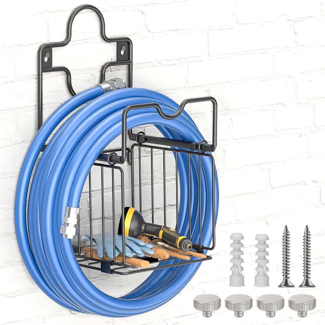 Garden Hose Holder Metal Water Hose Holder with Storage Basket Heavy Duty Hose Hanger Waterhose Holder for Outside Hose Rack Outdoor Hose Holder Hose Reel Hose Caddy for Garage Yard Storage Black