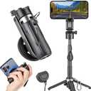 MQOUNY for Magsafe Tripod Stand for iPhone, Portable Pocket Size Selfie Stick with Rechargeable Remote and Metal Ring, Extendable Detachable Cell Phone Tripod Compatible with iPhone/Android (Black)