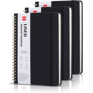 Deli 3-Pack Lined Spiral Journal Notebook Black, 160 Pages, A5 (5.5"x8") Hardcover Writing Notebook, College Ruled Spiral Bound Journal for Women & Men - Perfect for Work, School, Office & Note Taking