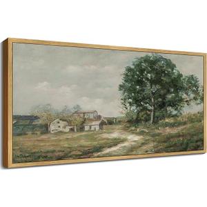 SHENIFY 20x40in Extra Large Vintage Framed Wall Art Rustic Country Road Landscape Painting Retro Countryside Scenery Farmhouse Bedroom Above of Bed Living Room Decor - Natural Framed