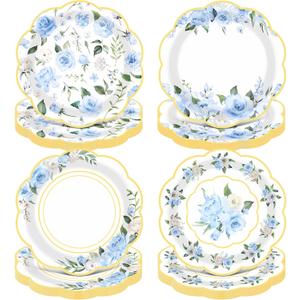 Pickmesh 60 Pcs Floral Paper Plates 9 Inches Blue Flower Disposable Dinner Plates for Baby Shower Wedding Bridal Shower Birthday Tea Party Decoration Supplies