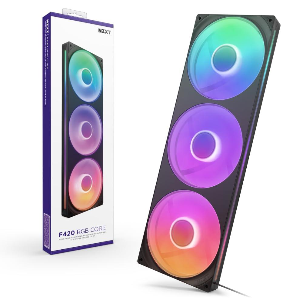 NZXT F420 RGB Core - 420mm Single-Frame Fan Unit with 3 x 140mm RGB Fans - Speed & Lighting Control - High Static Pressure & Airflow - Fluid Dynamic Bearings - 8 aRGB LEDs Per Fan - Black
