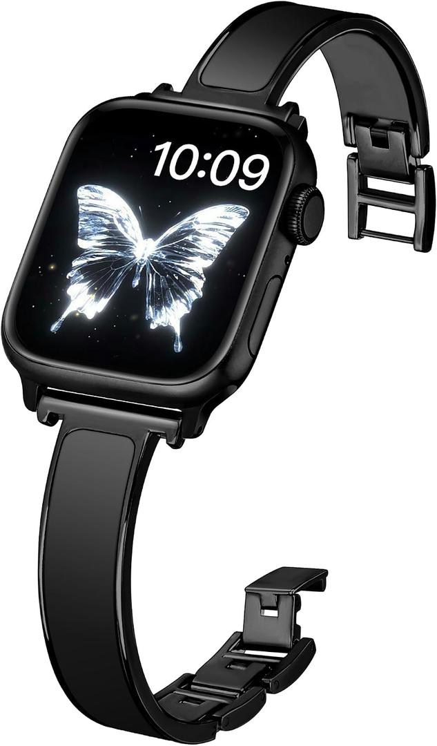 Slim Rubberized Fashion Bracelet Compatible with Apple Watch Bands for Women 38mm 40mm 41mm 42mm 44mm 45mm 46mm, Dressy Metal Wristband for iWatch Bands Series 11 10 SE 9 8 7 6 5 4 3 2 1