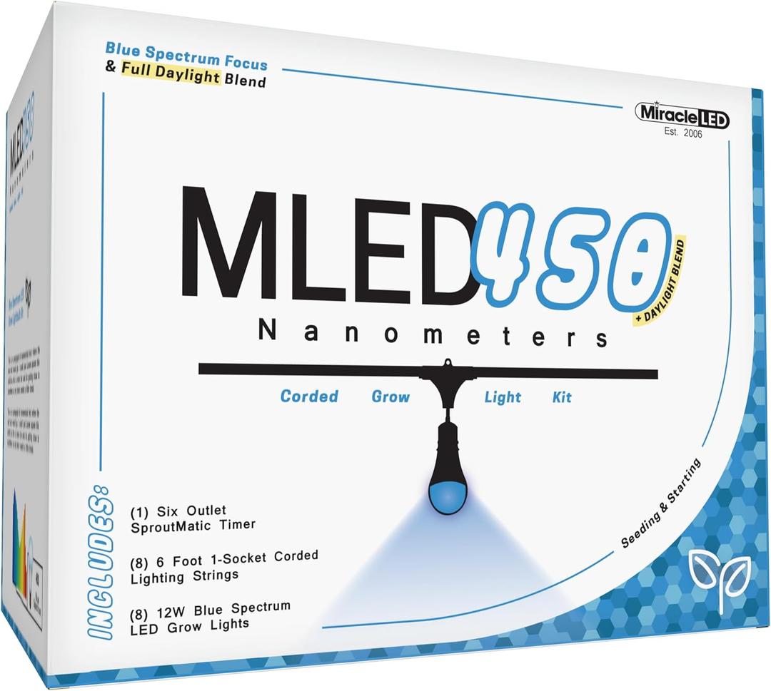 Miracle LED Nanometer 450 Indoor Grow Light Kit - Includes 3 Ultra Grow Blue Spectrum 150W Replacement Grow Light Bulbs & 1 3-Socket Corded Fixture with SproutMatic Timer (8-Pack)