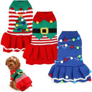 3 Pcs Christmas Dog Sweater Dresses Xmas Costumes for Small Dogs Winter Warm Puppy Cloth Xmas Holiday Sweaters Christmas Dress Outfit for Dachshund Chihuahua Maltese Puppy Girls(M)