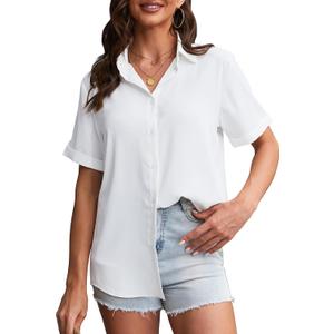 YAMANMAN Womens Button Down Shirt Short Sleeve Classic Collared Blouse Work Office Casual Chiffon Tops (Large)
