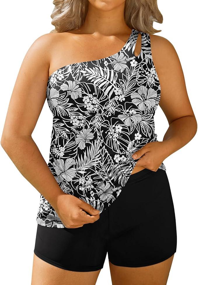 Daci Women Plus Size Tankini Swimsuit Two Piece Tummy Control Bathing Suits One Shoulder Swimwear with Shorts, size L