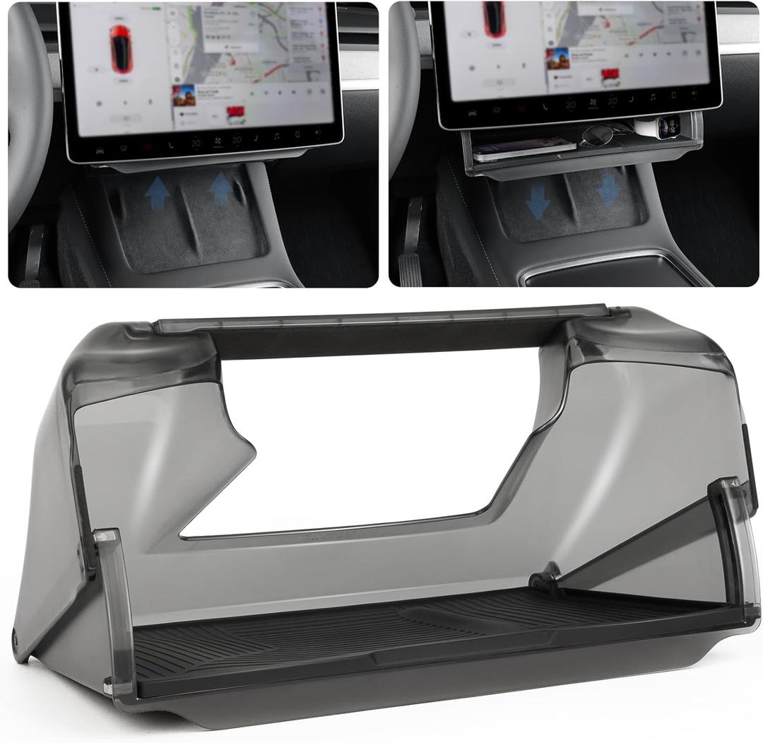 Under Screen Storage Box for Tesla 2020-2025 Model Y 2020-2023 Model 3, Hidden Design & Stable Installation, Hiddenable Privacy Storage with Anti-Slip Silicone Pad for Model Y 3 Accessories