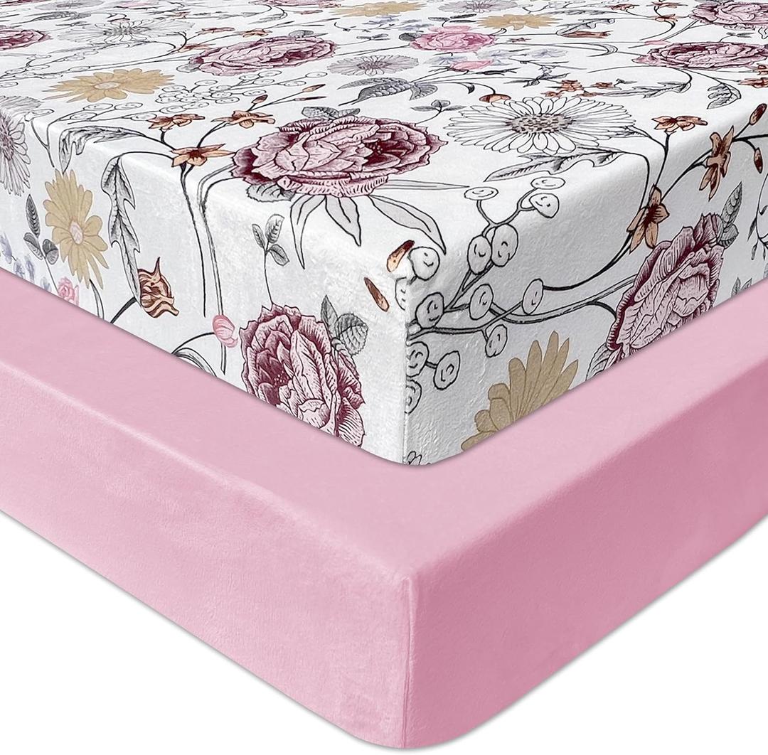 AMROSE 2 Pack Microfleece Crib Sheets, 28'' X 52'' Flannel Fleece Crib Fitted Sheets for Crib and Toddler Mattress Pad, Soft Comfy Warm Crib Sheets for Girls, Floral