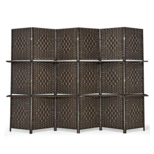 Total Tactic JV10161BN 6-Panel Folding Weave Fiber Room Divider with 2 Display Shelves, Brown
