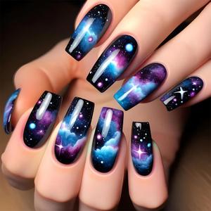 4 x MERVF Long Press on Nails Square Fake Nails Black Glue on Nails Starry Sky Colored Cloud Design Squoval Acrylic Nails for Women Glossy 24pcs