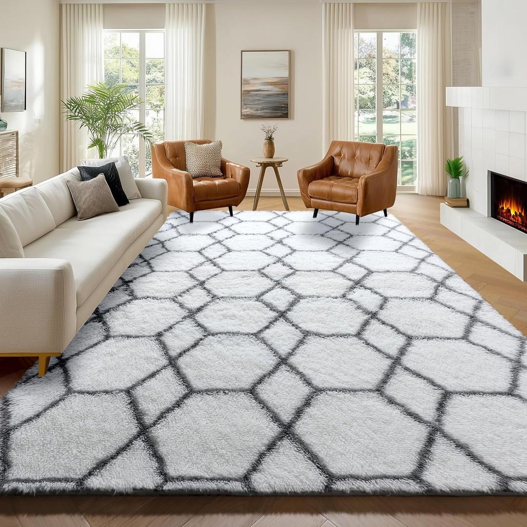 ONASAR 6x9 Area Rugs for Living Room Bedroom, Large Fluffy White and Grey Throw Rug, Geometric Soft Plush Shaggy Floor Carpet for Nursery Kids Girls Boys Teen Dorm Home Decor Aesthetic