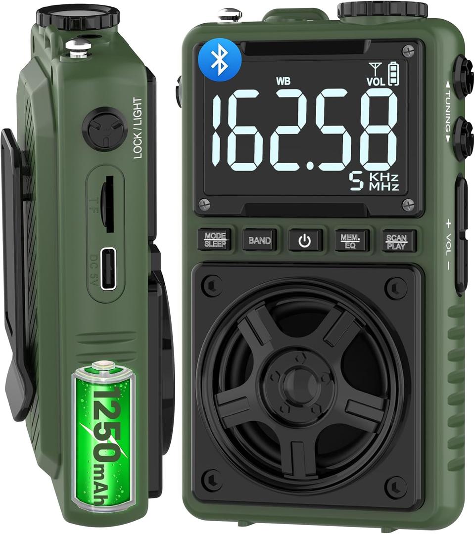 Bluetooth AM FM Shortwave Radio with NOAA Weather Alert,1250mAh Rechargeable Portable Pocket Radio with Best Reception,5W Big Speaker, Digital Tuner and Earphone,Support SD Card and USB MP3 Player (Green)
