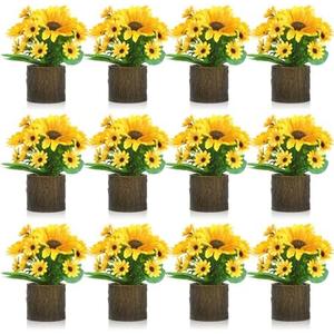Lyrow 12 Pcs Sunflower Decor Potted Artificial Sunflowers for Decoration Rustic Sunflower Plant Yellow Faux Flower in Pots for Home Bathroom Kitchen Living Room Shelf Table Centerpiece Wedding Party