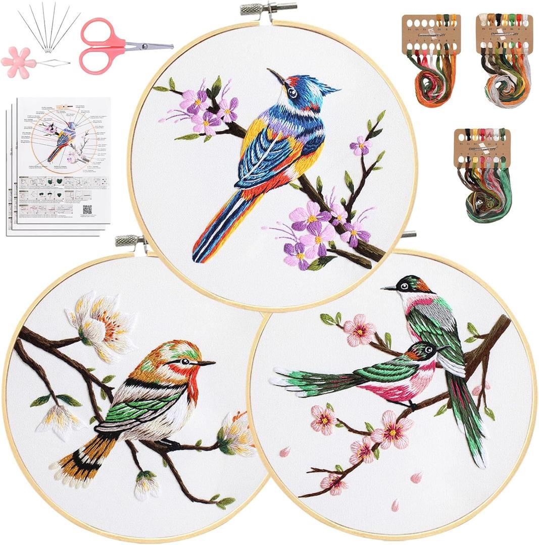 Santune 3 Pack Embroidery Kit for Beginners, Needlepoint Kits for Adults,Needle Point Sets with Stamped Hummingbird Pattern Stitch Video Tutorial