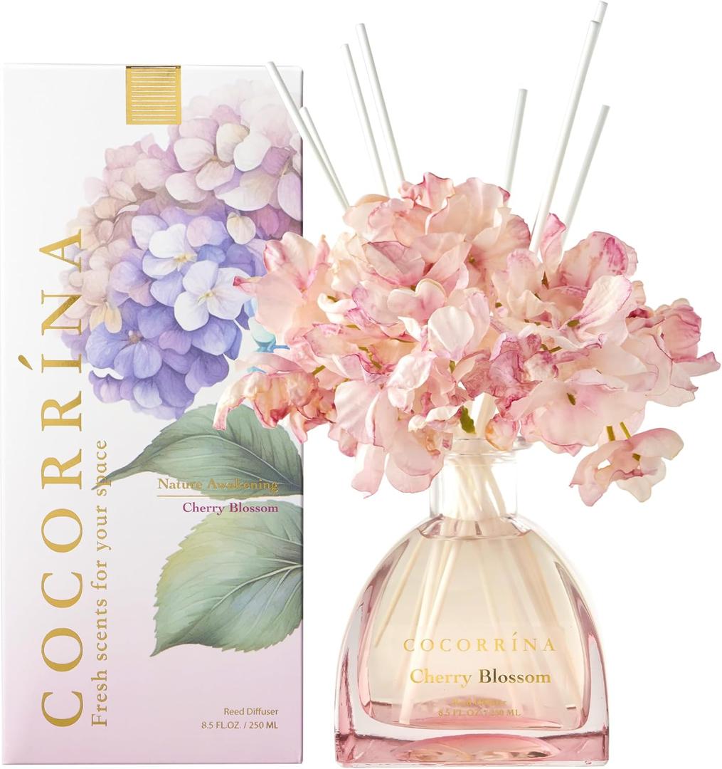 COCORRNA Reed Diffuser - 8.5 Oz Cherry Blossom Reed Diffuser with 8 Sticks for Home Bathroom Shelf Decor (Simple Luxe Collection)